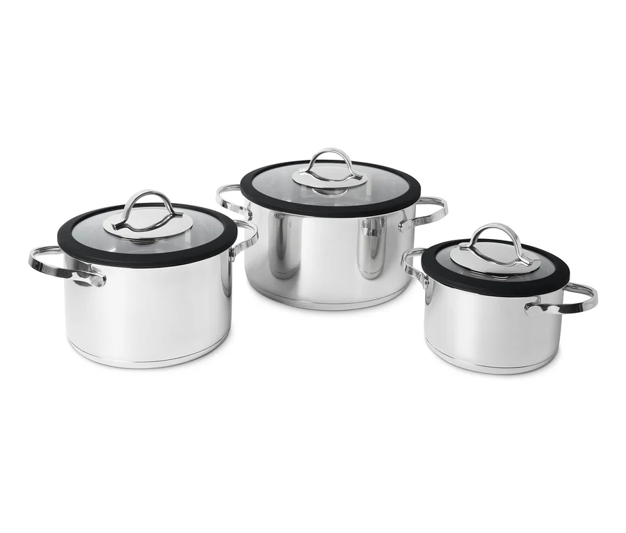Edelstahl-Kochtopf-Set mit Glasdeckel.