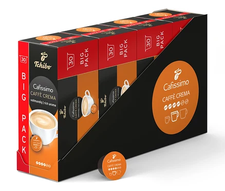 Eine Packung Cafissimo Caffè Crema vollmundig - 120 Kapseln ist zu sehen. Die Packung ist schwarz mit orangefarbenen Akzenten.