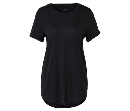 Schwarzes T-Shirt mit kurzen Ärmeln.