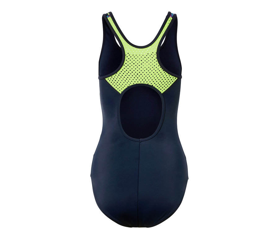 Dunkelblauer Sport-Badeanzug mit neon-grünem Netzrücken.