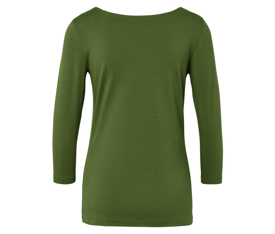 Rückansicht eines olivgrünen Dreiviertelarm-Shirts.