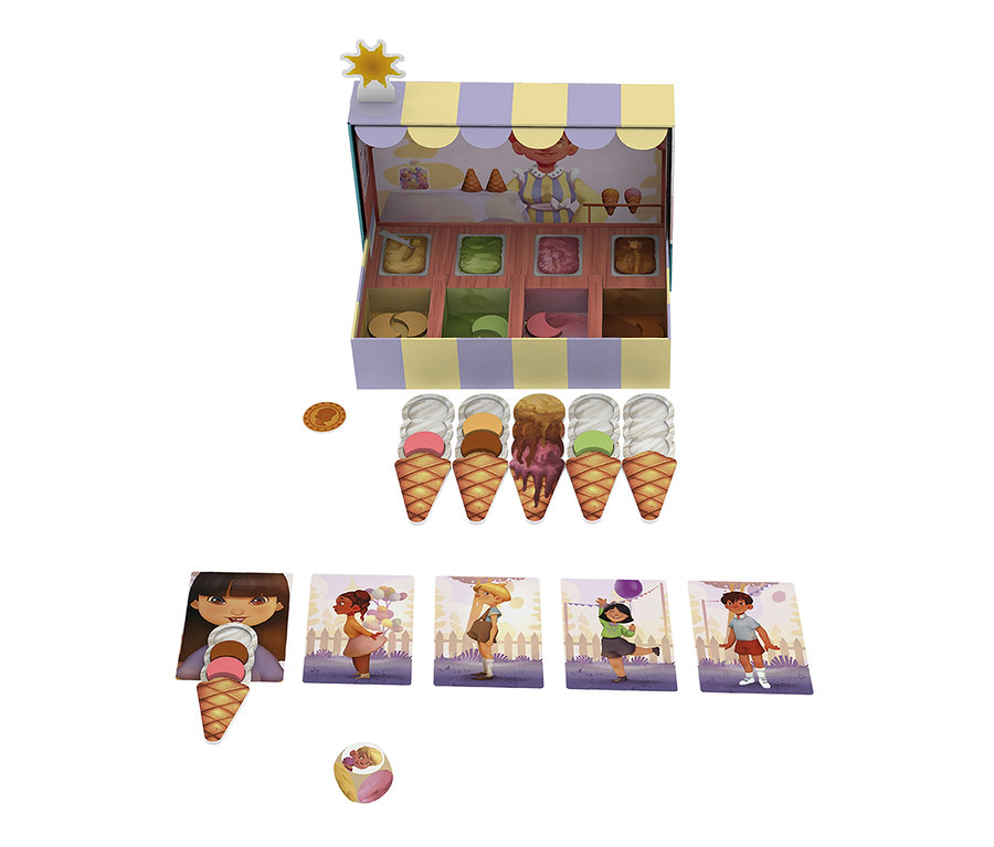 Das Bild zeigt das Spiel „Carla Caramel“ mit Eiskugeln, Karten und einem Eisstand.
