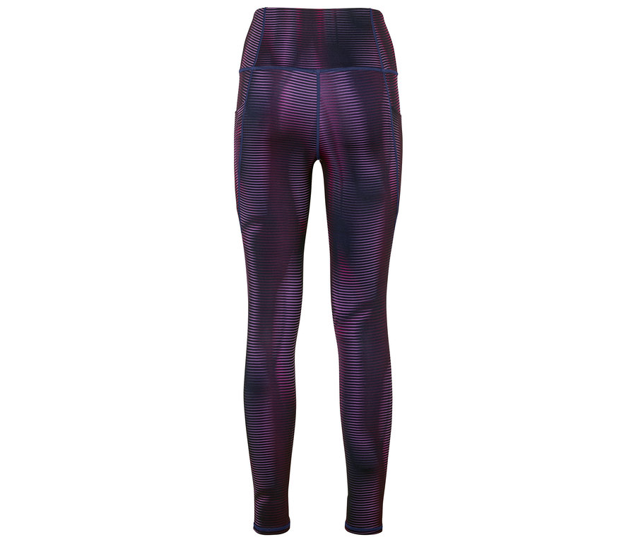 Vorderansicht von Damen Leggings mit lila und schwarzen horizontalen Streifen.