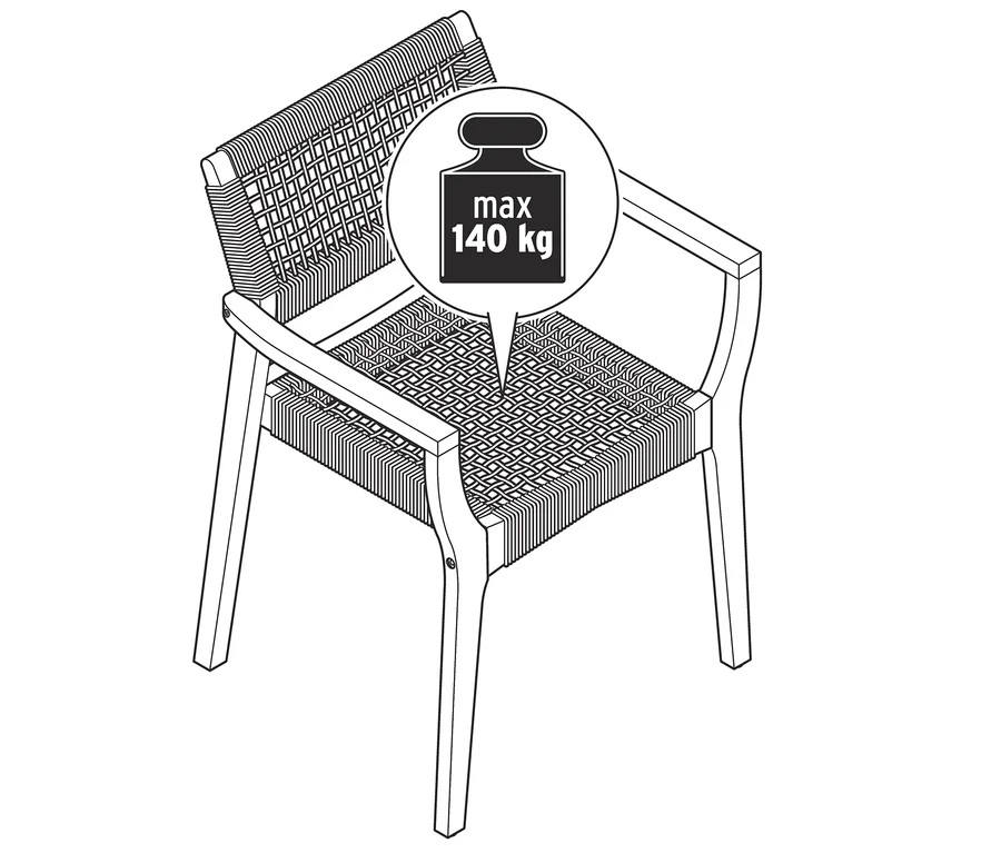 Illustration eines stapelbaren Esszimmerstuhls mit Textilgeflecht und einer maximalen Belastbarkeit von 140 kg.
