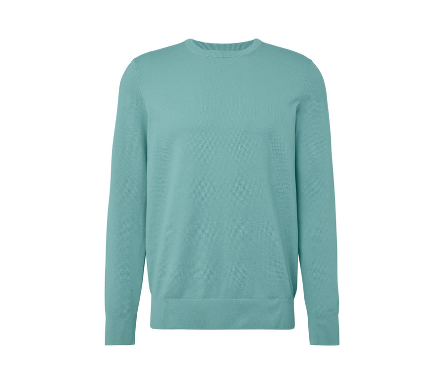 Helltürkiser Strick-Pullover.