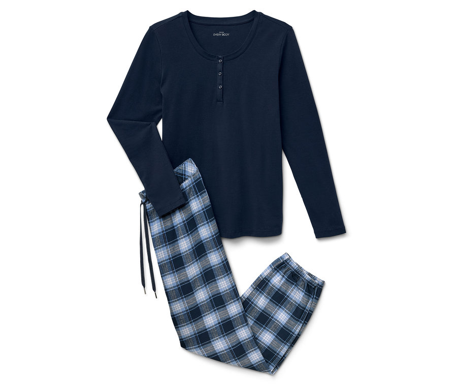 Marineblauer Schlafanzug mit langem Arm und karierte Hose.