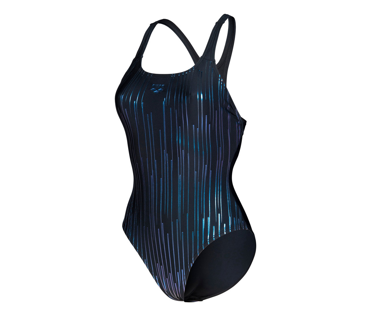 arena Feel Damen Badeanzug Hyacinth Swim Pro Back mit blauen und violetten Streifen.