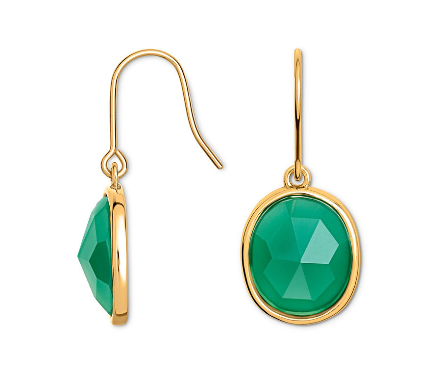 Zwei goldene Ohrringe mit runden grünen Steinen.