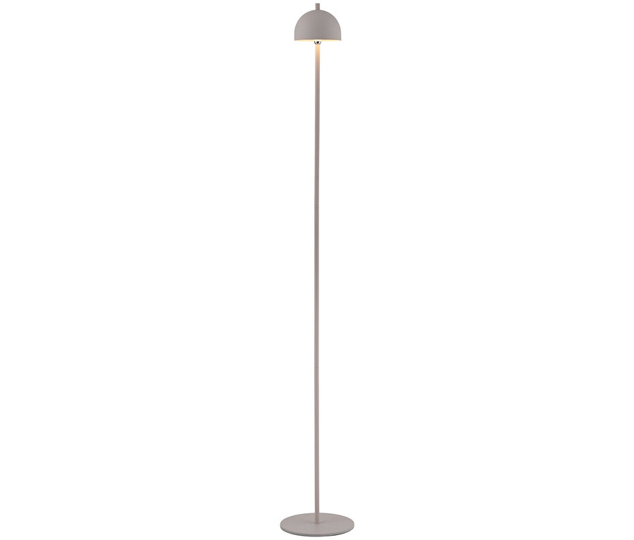 Graue Stehlampe mit rundem Schirm und dünnem Bein.