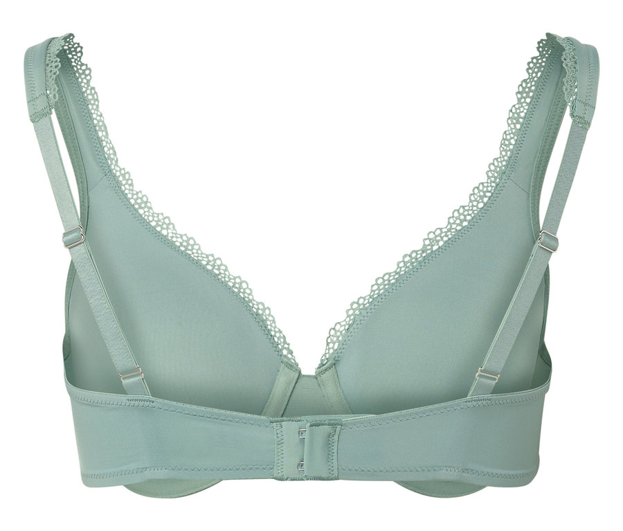 Rückansicht eines hellgrünen BHs mit Spitzenbesatz und verstellbaren Trägern.