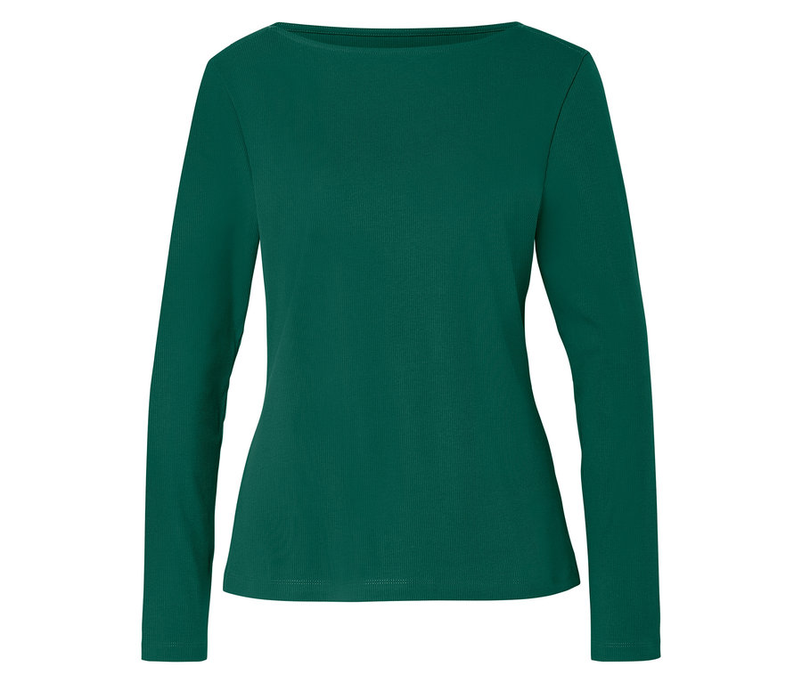 Grünes geripptes Langarmshirt mit U-Boot-Ausschnitt.