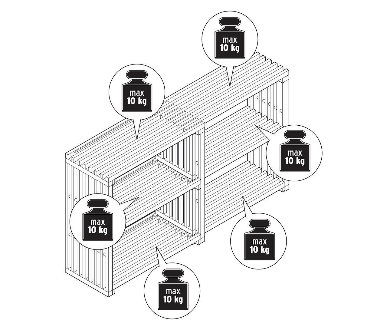 Draufsicht auf ein Schema des ausziehbaren Sideboards "FLEKSIBEL" mit Gewichtsangaben.