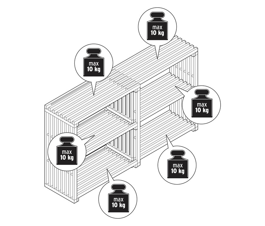 Draufsicht auf ein Schema des ausziehbaren Sideboards "FLEKSIBEL" mit Gewichtsangaben.
