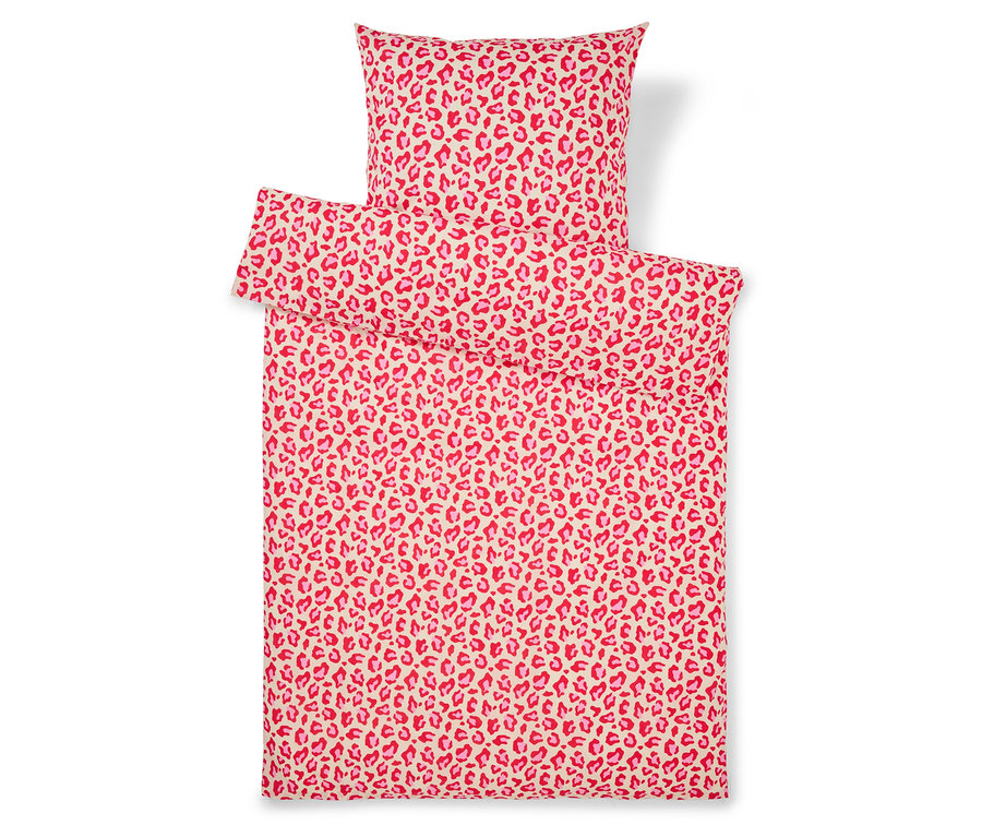 Bettwäsche-Set mit Leopardenmuster in Rot- und Rosatönen, bestehend aus einem Kissenbezug und einem Bettbezug.