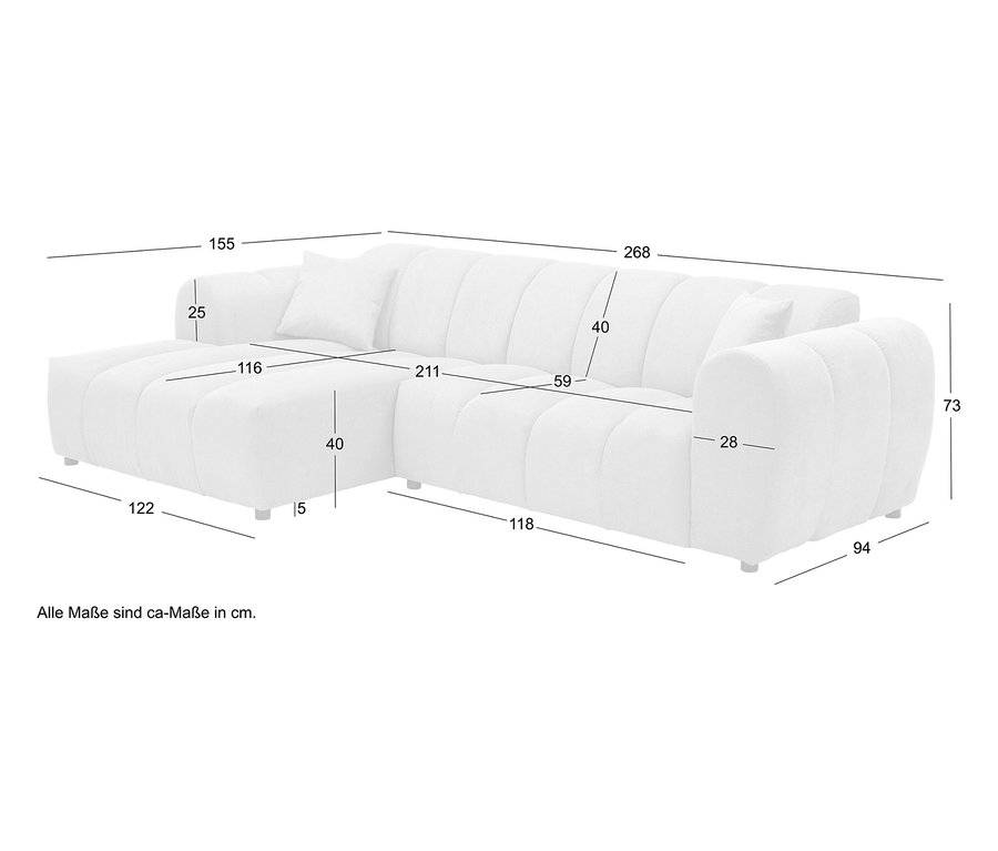 Abbildung eines weißen Ecksofas mit Maßangaben in Zentimetern.