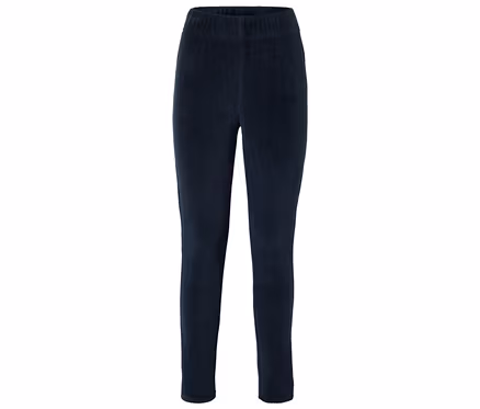 Marineblaue Cordhose mit elastischem Bund liegt flach auf dem Boden.