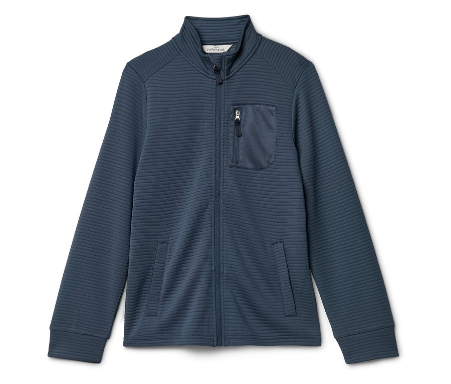 Blaue, lange Jacke mit Reißverschluss, Stehkragen und Brusttasche mit Reißverschluss.