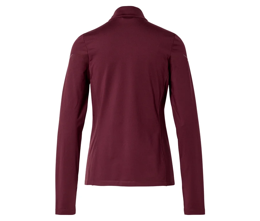 Rückansicht einer langärmligen, weinroten Jacke mit Stehkragen.