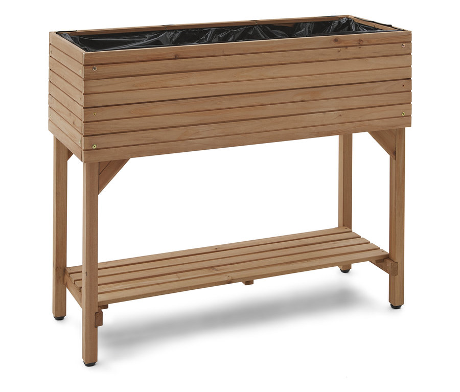 Ein erhöhter Pflanzkasten aus Holz mit einer schwarzen Auskleidung ist auf einem weißen Hintergrund zu sehen.