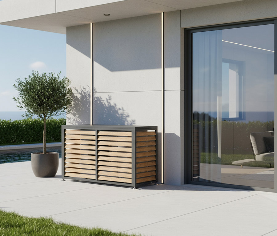 Eine graue Kiste mit Holzlatten steht auf einer Terrasse neben einem Olivenbaum im Topf.