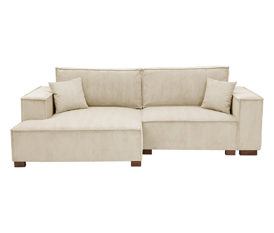 Beiges Cord-Ecksofa mit zwei Kissen auf Holzfüßen.