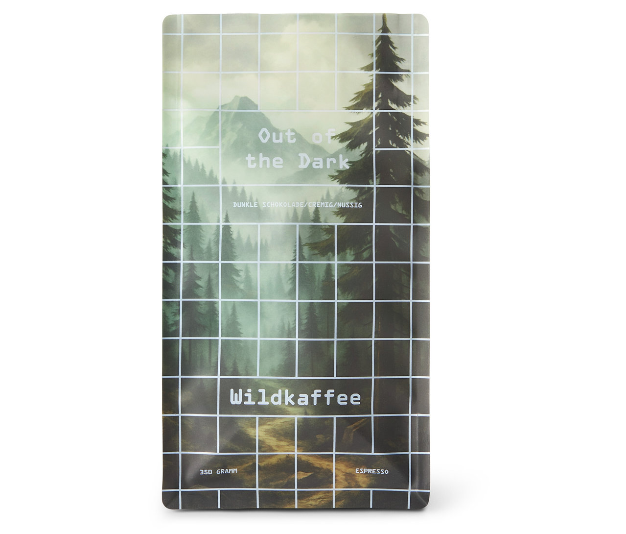 Eine Packung Wildkaffee - Out of the Dark Espresso - 350 g Ganze Bohne steht auf einem weißen Untergrund.