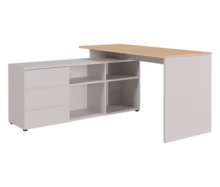 Der Winkelschreibtisch »Lissabon« in Weiß und Holzoptik hat drei Schubladen und offene Regalfächer.