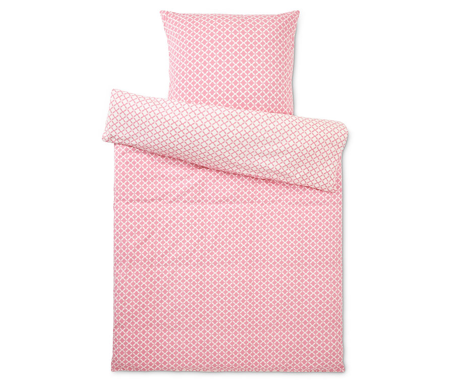 Bettwäsche-Set mit geometrischem Muster in Rosa und Weiß, bestehend aus einem Kissenbezug und einem Bettbezug.