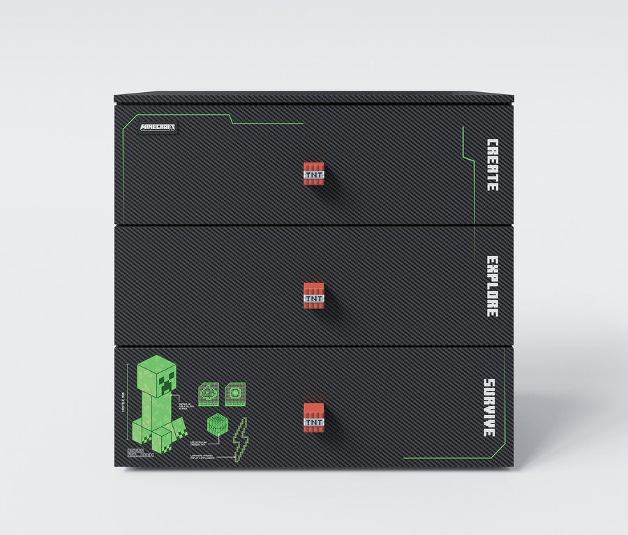 Ein dreistöckiger, schwarzer Minecraft-Nachttisch mit grünen Akzenten und TNT-Knöpfen.