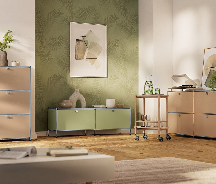 Wohnzimmer mit beigen und lindgrünen USM Möbeln, darunter Regale und ein Servierwagen, auf einem Holzboden.