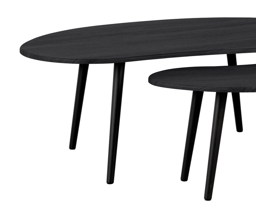 Zwei schwarze, ovale Couchtische mit Holzmaserung stehen teilweise übereinander.