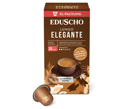 Eduscho Lungo Elegante Kaffeekapseln, 20 Stück, in brauner Verpackung mit Tasse Kaffee und zwei Kapseln.