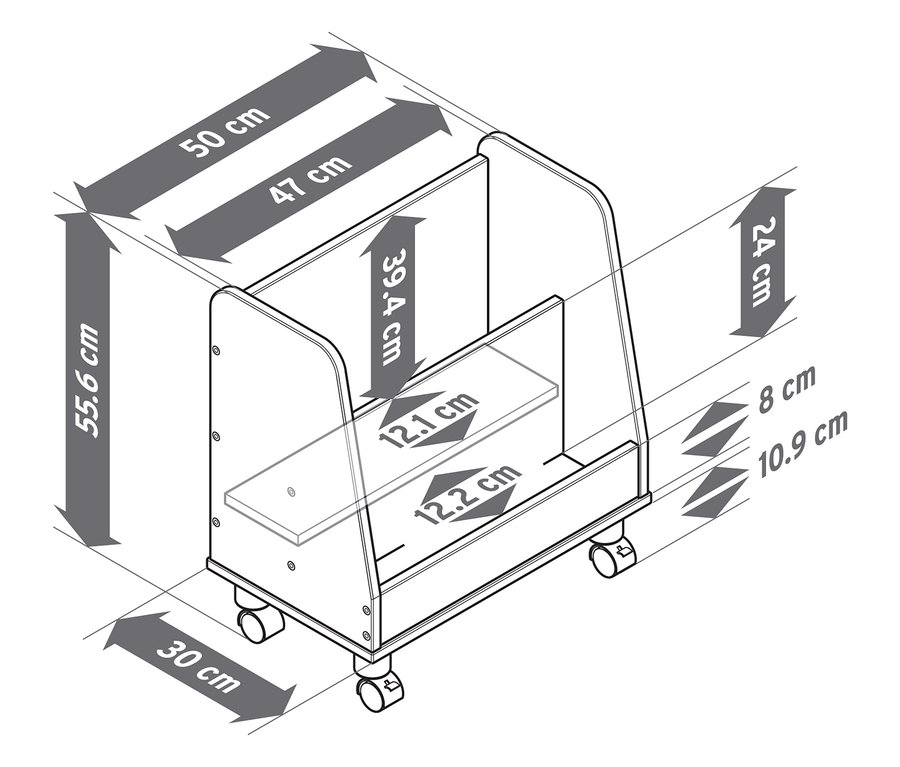 Detaillierte schematische Darstellung eines Kinderbücherregals auf Rollen mit Maßangaben in Zentimetern.