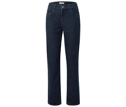 Dunkelblaue Jeanshose mit geradem Bein und Taschen vorne.