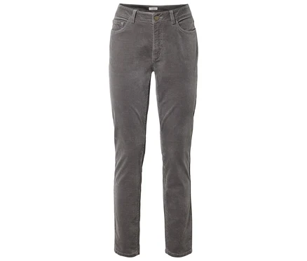 Graue Cordhose mit geradem Bein, Taschen vorne und hinten und Knopfverschluss.