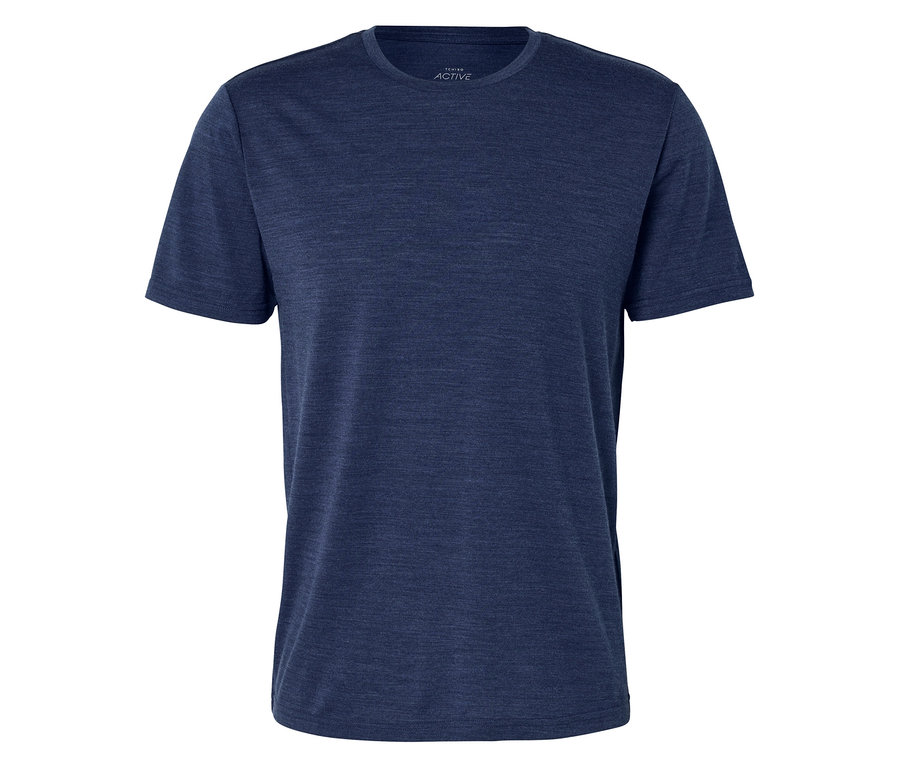 Dunkelblaues, meliertes T-Shirt mit Rundhalsausschnitt und kurzen Ärmeln.