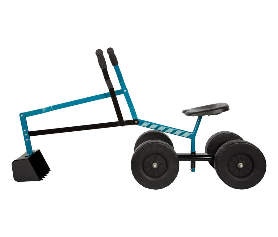 Ein teal-farbener und schwarzer small foot Bagger mit Rädern, ausgestattet mit vier großen Rädern, einem schwarzen Sitz und einer Frontschaufel, die mit zwei schwarzen Griffen bedient wird.