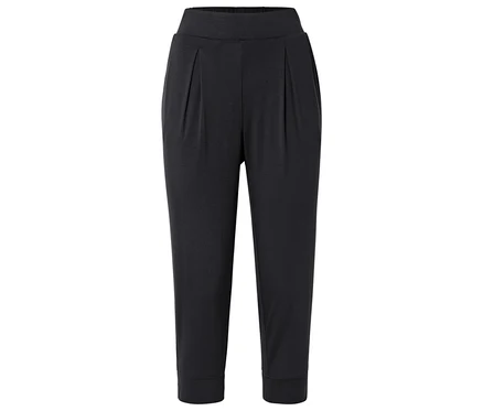 Schwarze Hose mit elastischem Bund und gerafften Details.