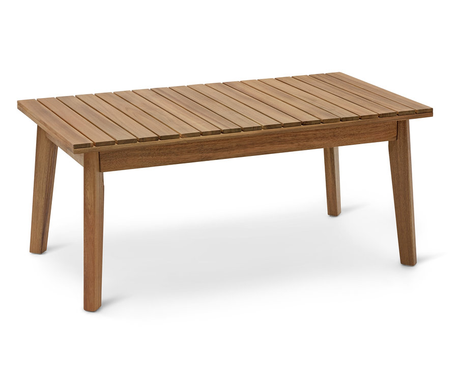 Ein rechteckiger Couchtisch aus Holz mit Lattenrostplatte und vier Beinen steht auf einem weißen Hintergrund.