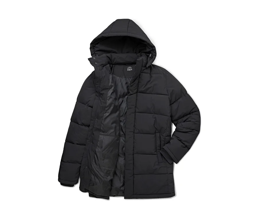 Schwarze, wattierte Kapuzenjacke, offen gezeigt mit sichtbarem Innenfutter.