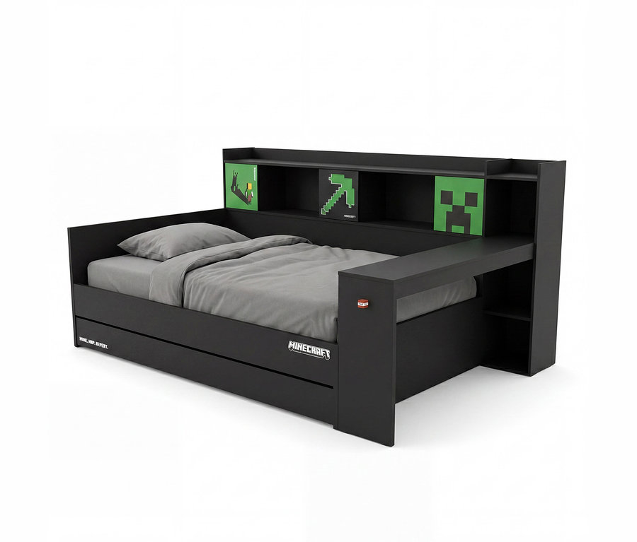 Schwarzes Roba Jugendbett »Minecraft« (120 x 200 cm) mit grauem Bettzeug, integriertem Schreibtisch, Gästebettfunktion und Kopfteil mit Regalen. Das Bett und die Regale sind mit grünen, pixeligen Minecraft-Motiven wie einer Spitzhacke und einem Creeper-Gesicht verziert.