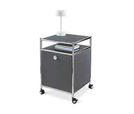 Grauer Rollcontainer Metall »CN3« mit Klappe, Lampe und Buechern.