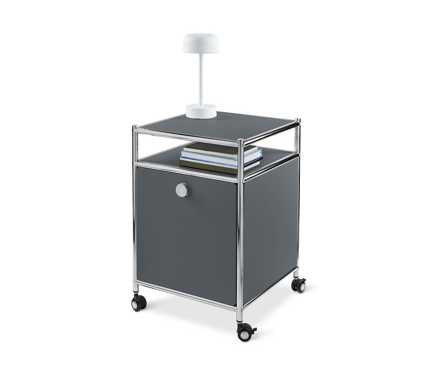 Grauer Rollcontainer Metall »CN3« mit Klappe, Lampe und Buechern.