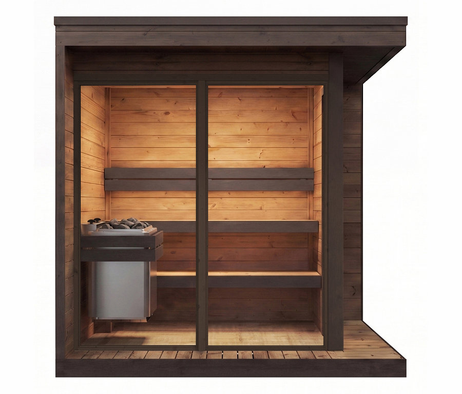 Kompaktes Weka Thermoholz-Saunahaus Viira Gr. 2 mit dunkler Holzfassade, großer Glasfront, hellen Holzbänken und einem Saunaofen im beleuchteten Innenraum.