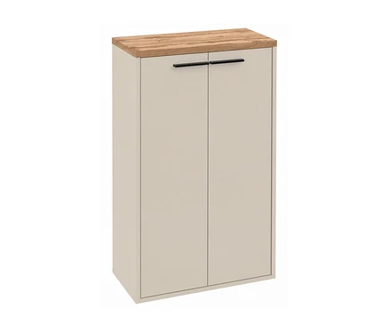 Beiges Sideboard mit zwei Türen, einer Holzplatte und schwarzen Griffen.