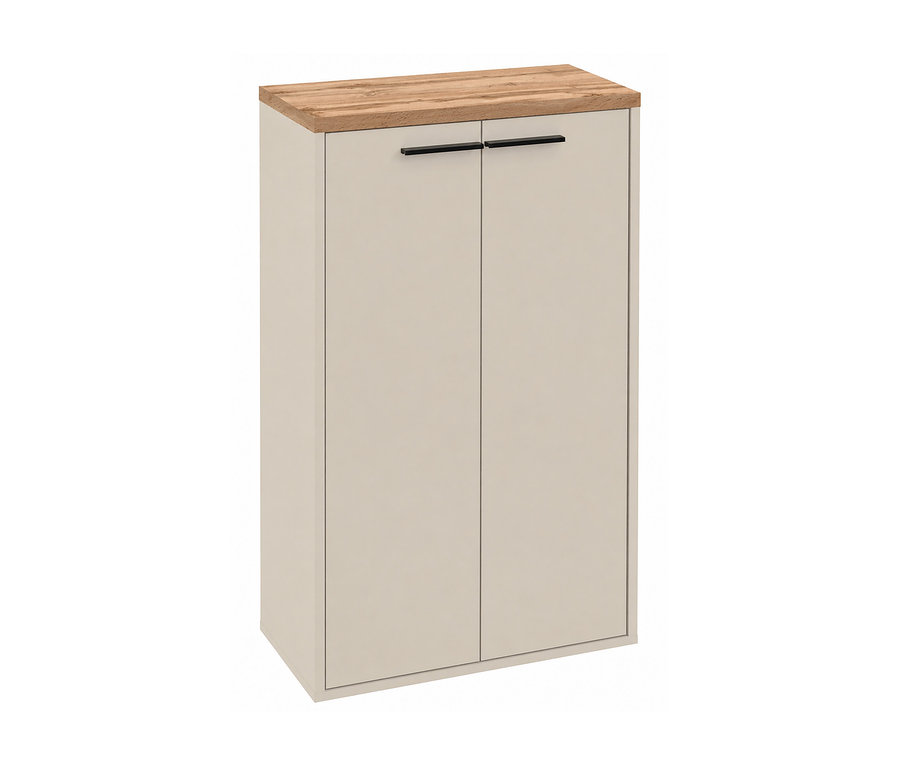 Beiges Sideboard mit zwei Türen, einer Holzplatte und schwarzen Griffen.