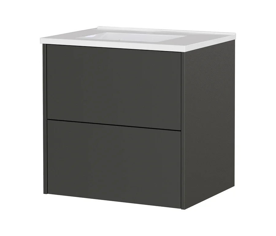 Graphitfarbener Waschtisch »Bodera«, 61 cm, mit integriertem weißen Becken und zwei Schubladen.