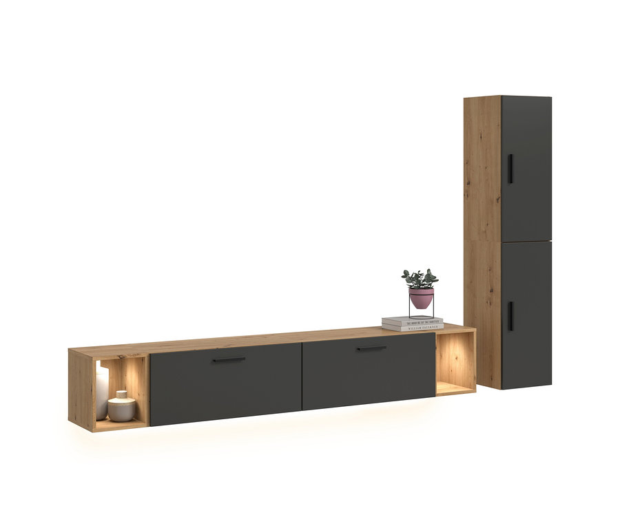 Moderne xonox Wohnkombination »Only« in Holzoptik und Grau, mit beleuchtetem Lowboard mit Schubladen und einem Hochschrank.