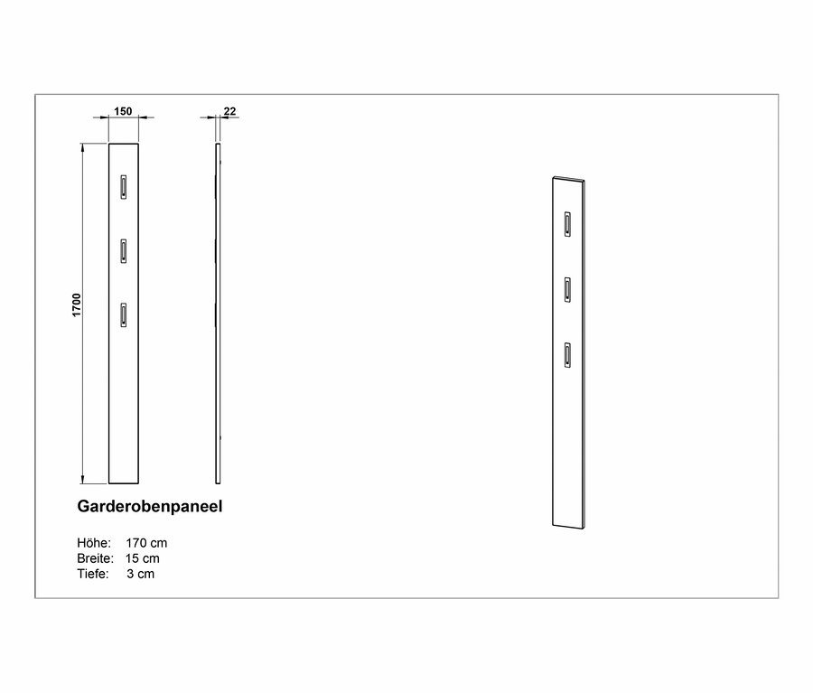 Technische Zeichnung eines schwarzen Garderobenpaneels mit drei silberfarbenen Haken. Es zeigt Vorder-, Seiten- und isometrische Ansichten mit Maßen von 170 cm Höhe, 15 cm Breite und 3 cm Tiefe.