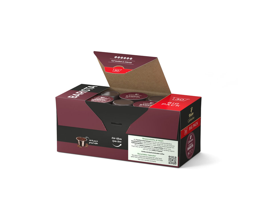 Geöffnete, braune Verpackung mit Kaffeekapseln. Auf der Verpackung steht "BARISTA" und "30 BIG PACK".